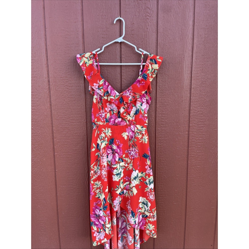 By & By Red Floral Ruffle V-Neck Maxi Dress Womens Small Sleeveless Pink Yellow - Picture 5 of 10